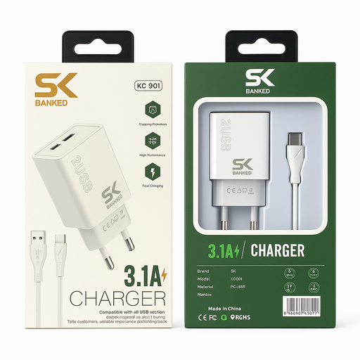 شاحن تايب سي KC901 2USB TYPC 3.1A